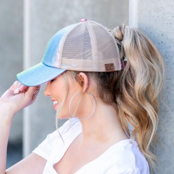 Purple Blue Ombre Criss Cross Ponytail Ball Hat - Picture 3 of 4